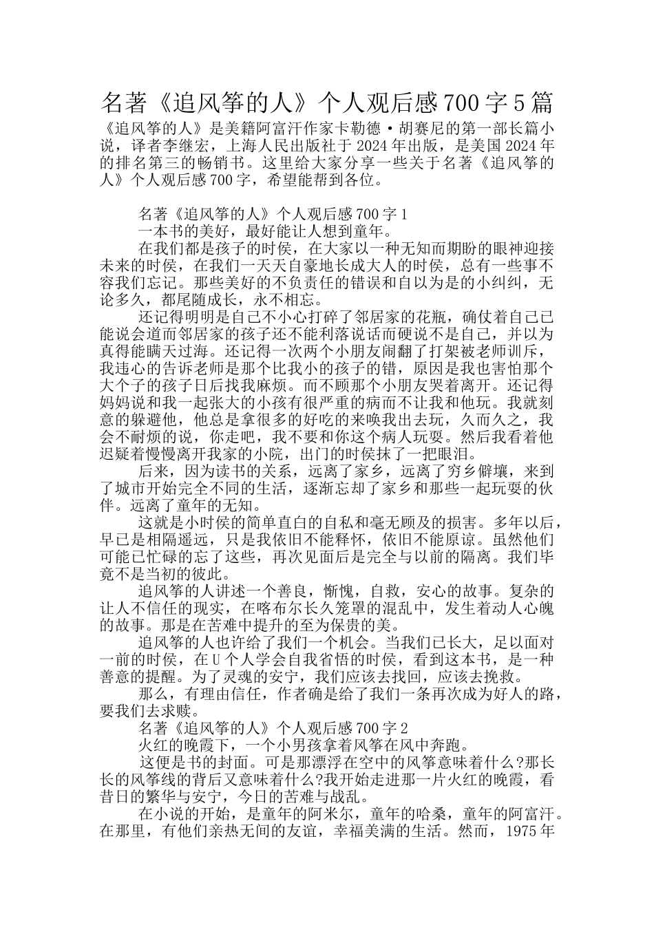 名著《追风筝的人》个人观后感700字5篇_第1页