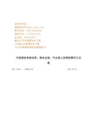 员工月度绩效考核汇总表