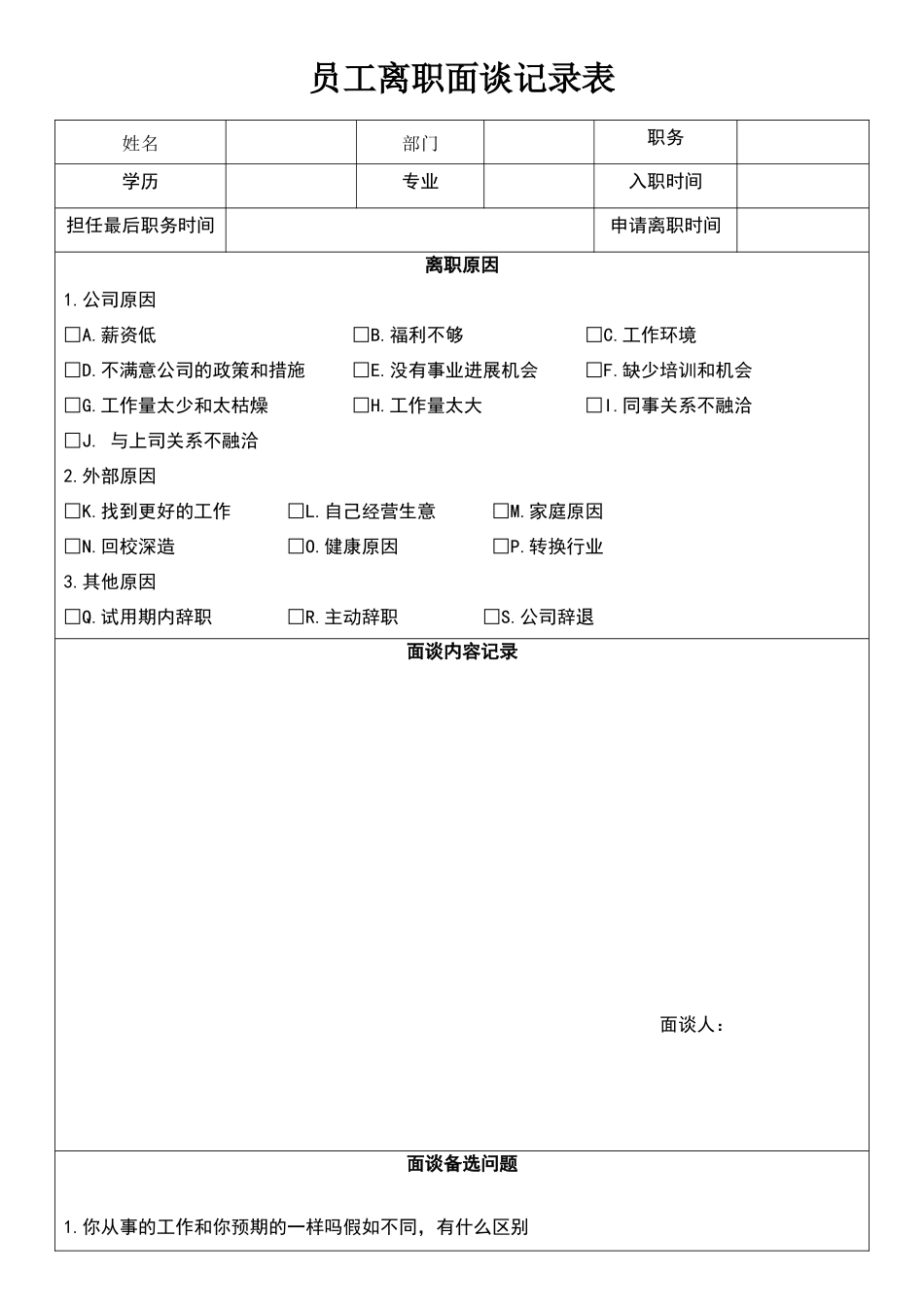 员工离职面谈记录表_第1页