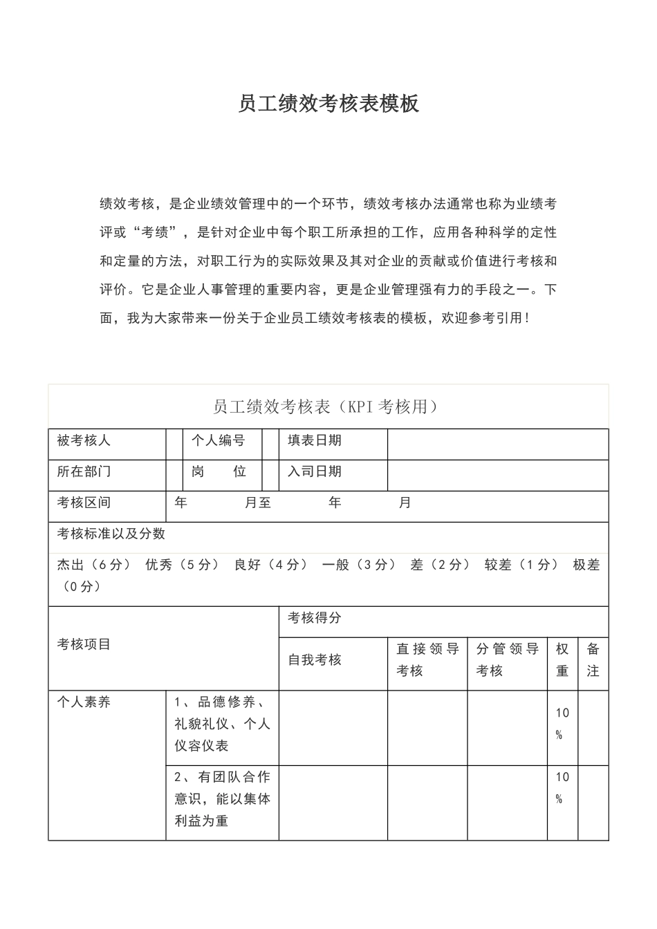 员工绩效考核表模板_第1页