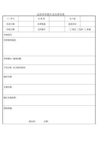 品质异常报告及改善对策