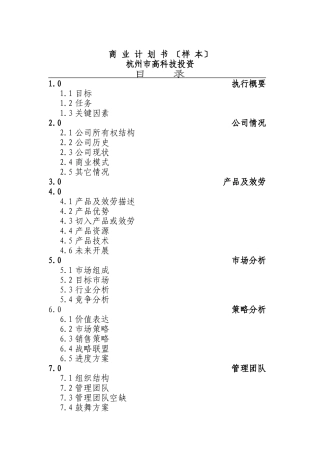 商业计划书--高科技投资有限公司