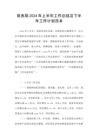 商务局2024年上半年工作总结及下半年工作计划范本
