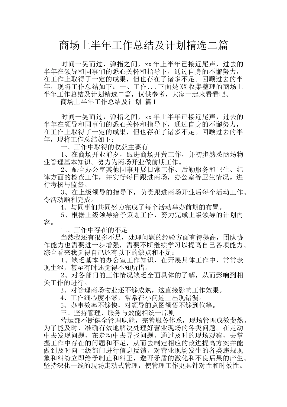 商场上半年工作总结及计划精选二篇_第1页