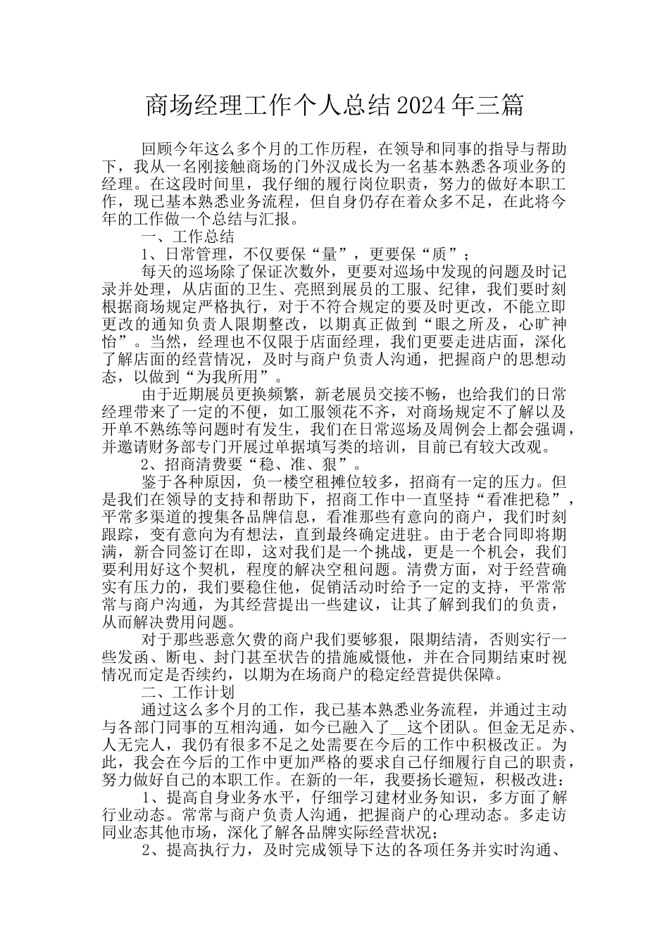 商场经理工作个人总结2024年三篇_第1页