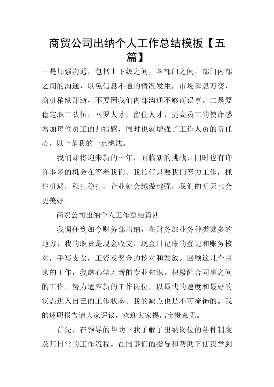 商贸公司出纳个人工作总结模板_第1页