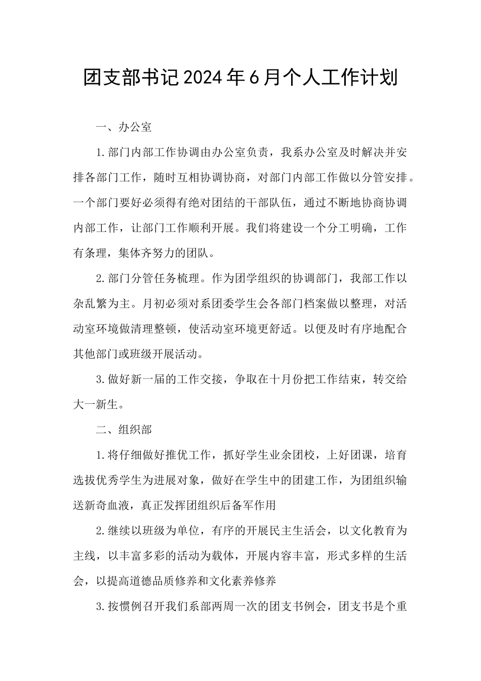 团支部书记2024年6月个人工作计划_第1页