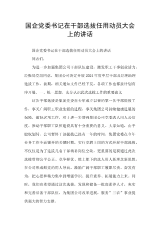 国企党委书记在干部选拔任用动员大会上的讲话