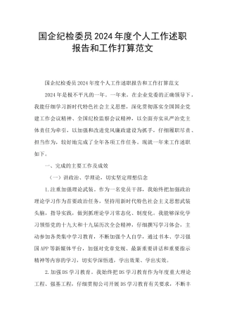 国企纪检委员2024年度个人工作述职报告和工作打算范文