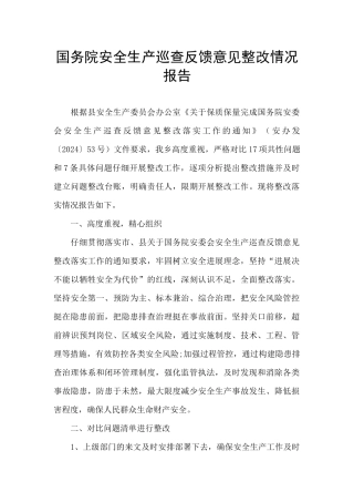 国务院安全生产巡查反馈意见整改情况报告