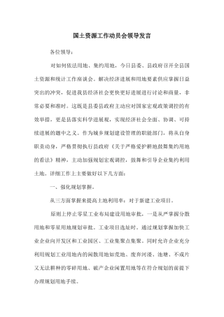 国土资源工作动员会领导发言