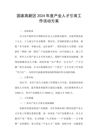国家高新区2024年度产业人才引育工作活动方案