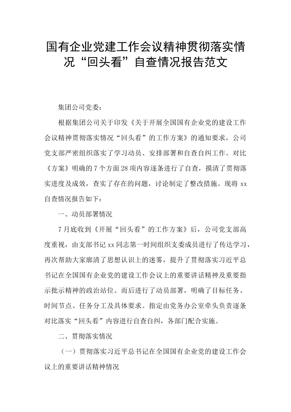 国有企业党建工作会议精神贯彻落实情况“回头看”自查情况报告范文_第1页