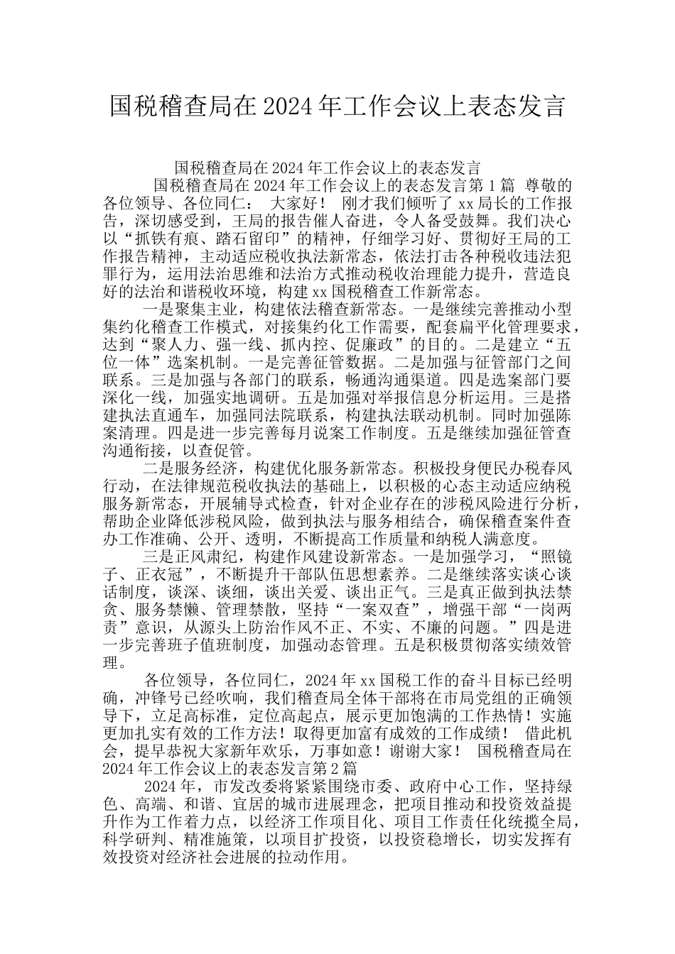 国税稽查局在2024年工作会议上表态发言_第1页