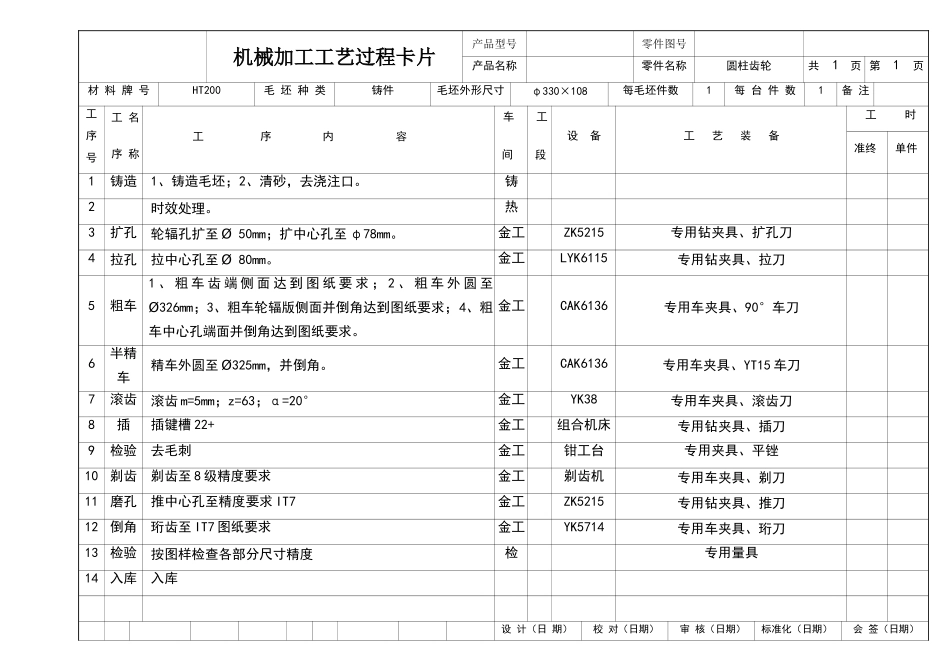 圆柱齿轮加工工艺过程卡片_第1页