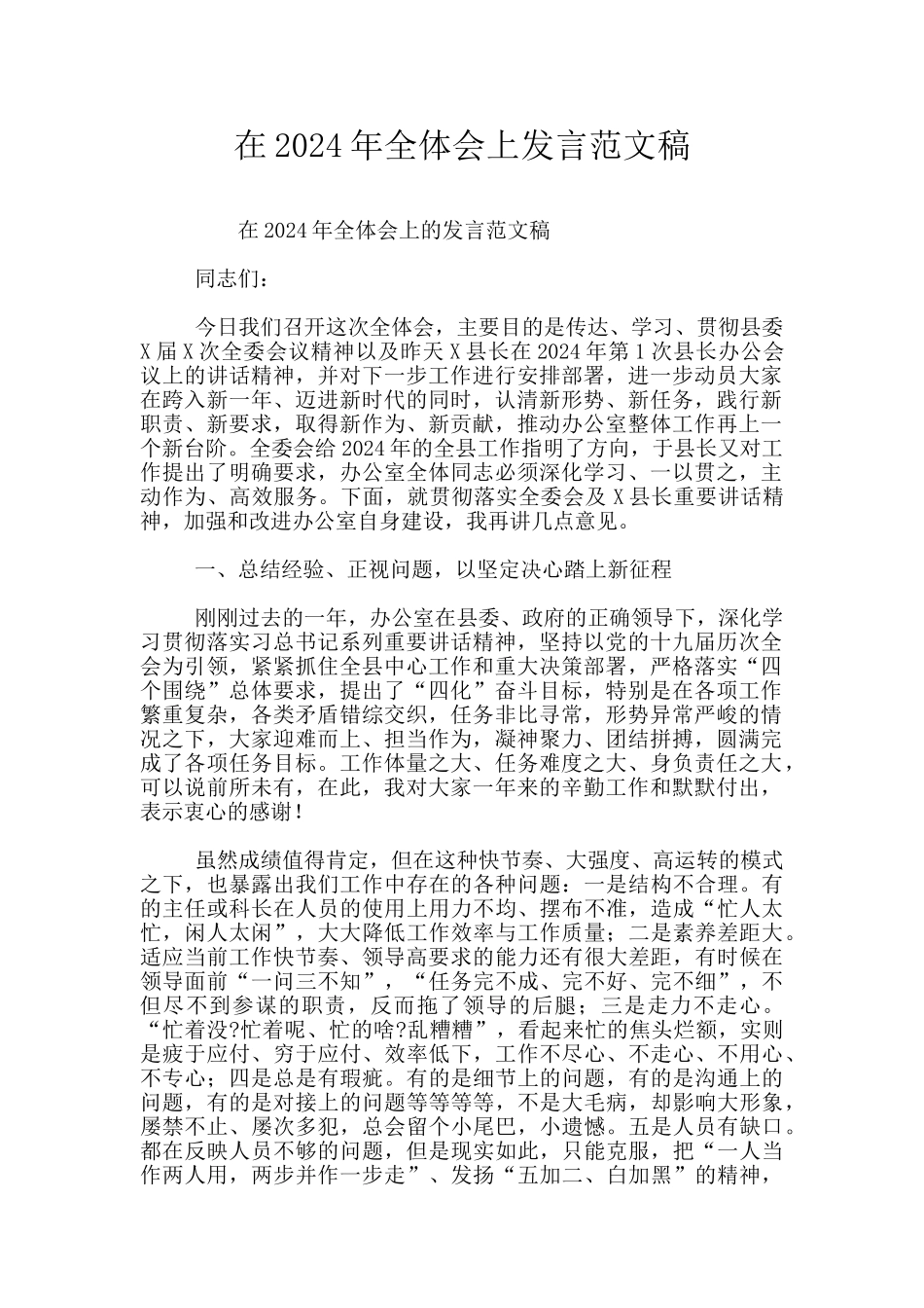 在2024年全体会上发言范文稿_第1页