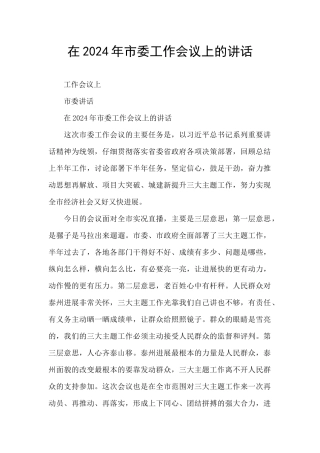 在2024年市委工作会议上的讲话
