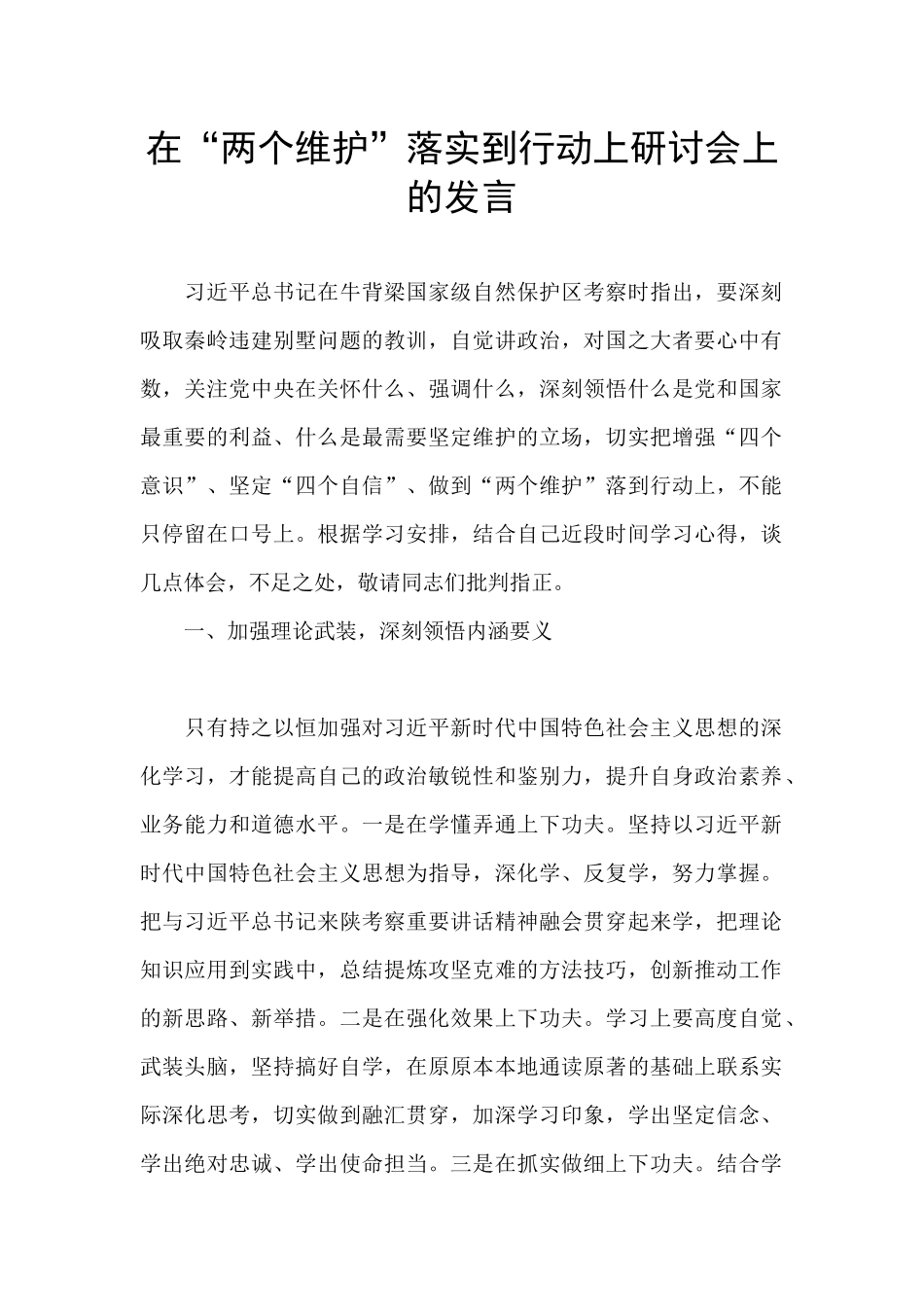 在“两个维护”落实到行动上研讨会上的发言_第1页