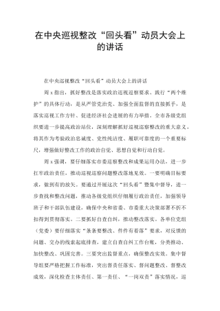 在中央巡视整改“回头看”动员大会上的讲话