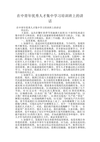 在中青年优秀人才集中学习培训班上的讲话