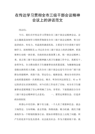 在传达学习贯彻全市三级干部会议精神会议上的讲话范文