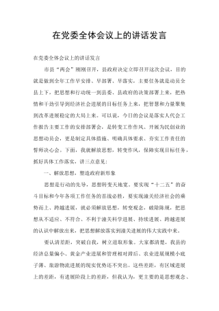 在党委全体会议上的讲话发言