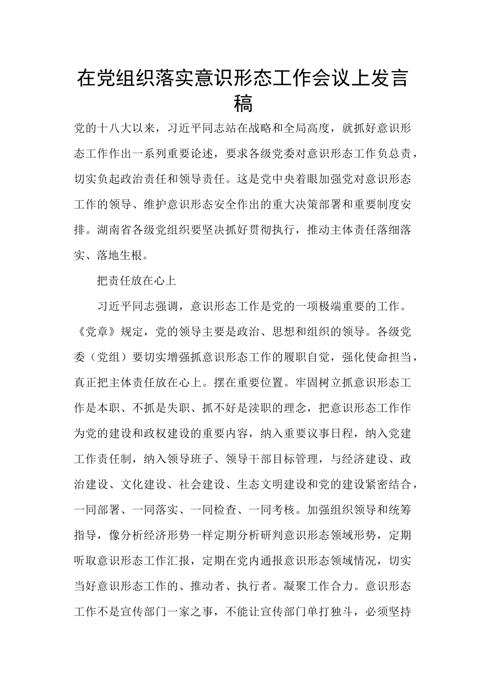 在党组织落实意识形态工作会议上发言稿_第1页
