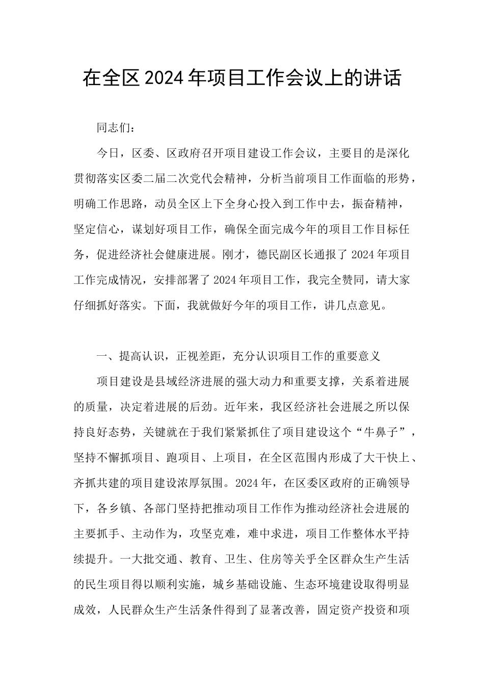 在全区2024年项目工作会议上的讲话_第1页