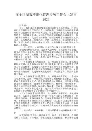在全区城市精细化管理专项工作会上发言2024