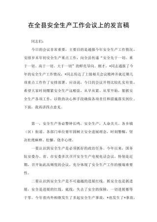 在全县安全生产工作会议上的发言稿