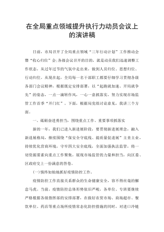 在全局重点领域提升执行力动员会议上的演讲稿