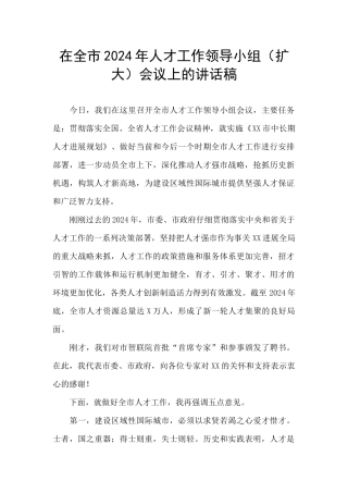 在全市2024年人才工作领导小组会议上的讲话稿