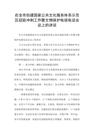 在全市创建国家公共文化服务体系示范区迎验冲刺工作暨文物保护电视电话会议上的讲话