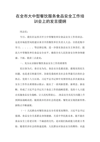 在全市大中型餐饮服务食品安全工作培训会上的发言提纲