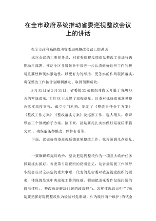 在全市政府系统推进省委巡视整改会议上的讲话