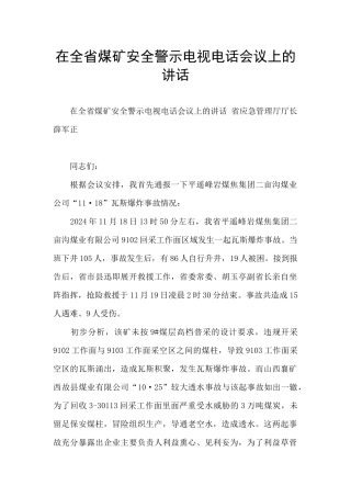 在全省煤矿安全警示电视电话会议上的讲话