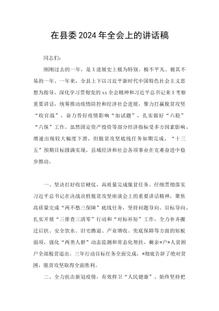 在县委2024年全会上的讲话稿