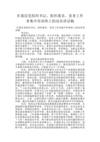 在基层党组织书记、组织委员、党务工作者集中培训班上的动员讲话稿