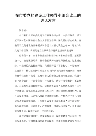 在市委党的建设工作领导小组会议上的讲话发言