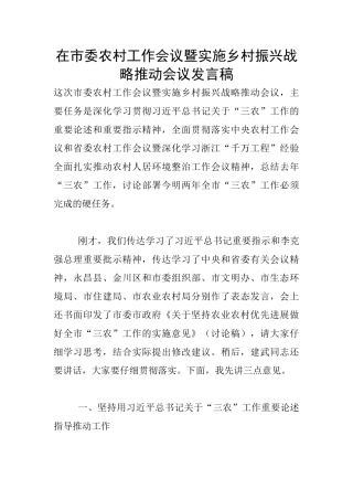 在市委农村工作会议暨实施乡村振兴战略推进会议发言稿