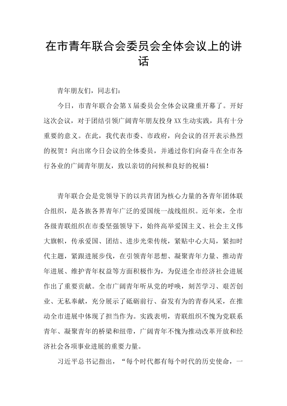 在市青年联合会委员会全体会议上的讲话_第1页