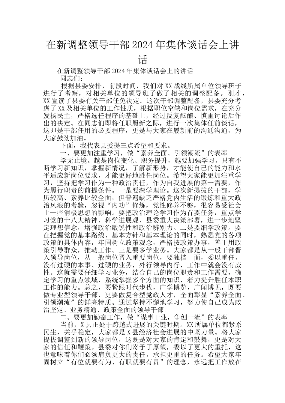 在新调整领导干部2024年集体谈话会上讲话_第1页