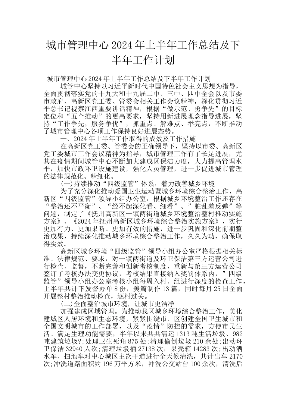 城市管理中心2024年上半年工作总结及下半年工作计划_第1页