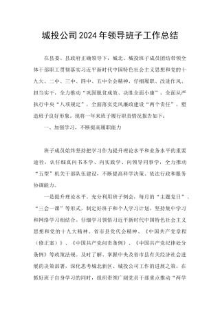 城投公司2024年领导班子工作总结