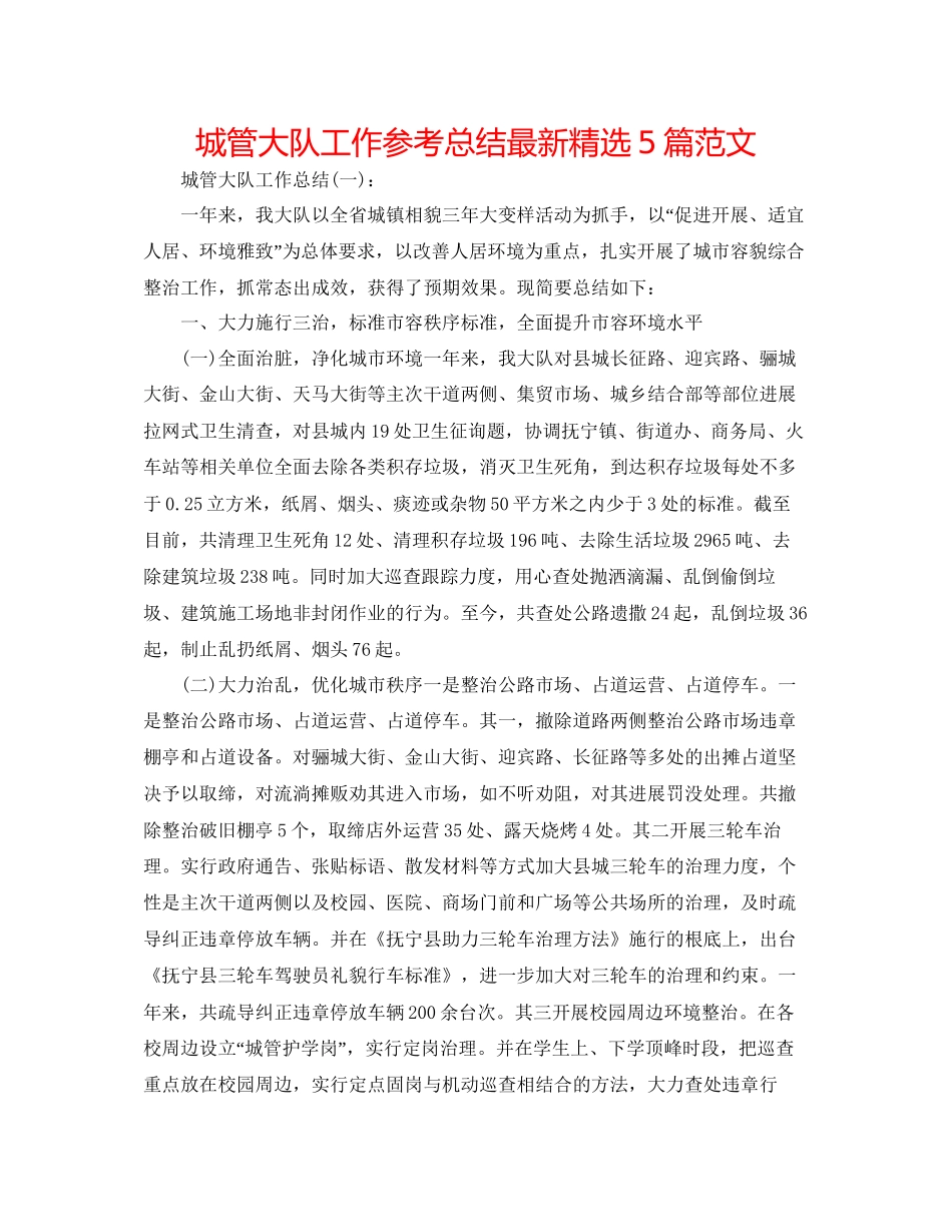 城管大队工作参考总结精选5篇范文_第1页