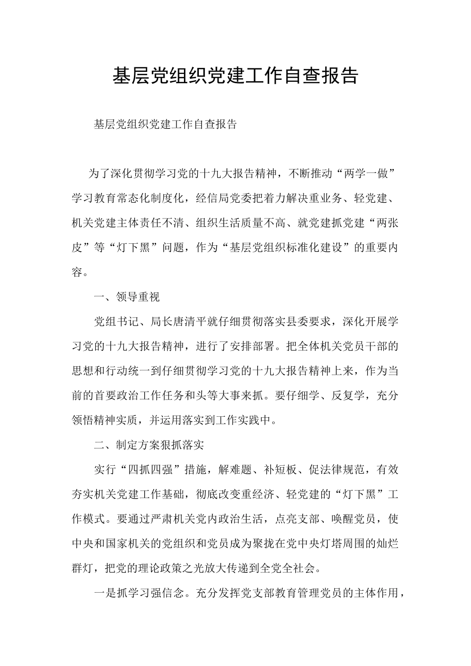 基层党组织党建工作自查报告_第1页