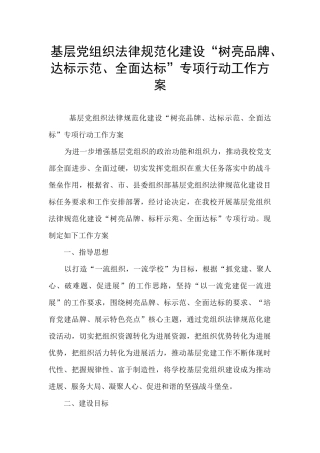 基层党组织规范化建设“树亮品牌、达标示范、全面达标”专项行动工作方案
