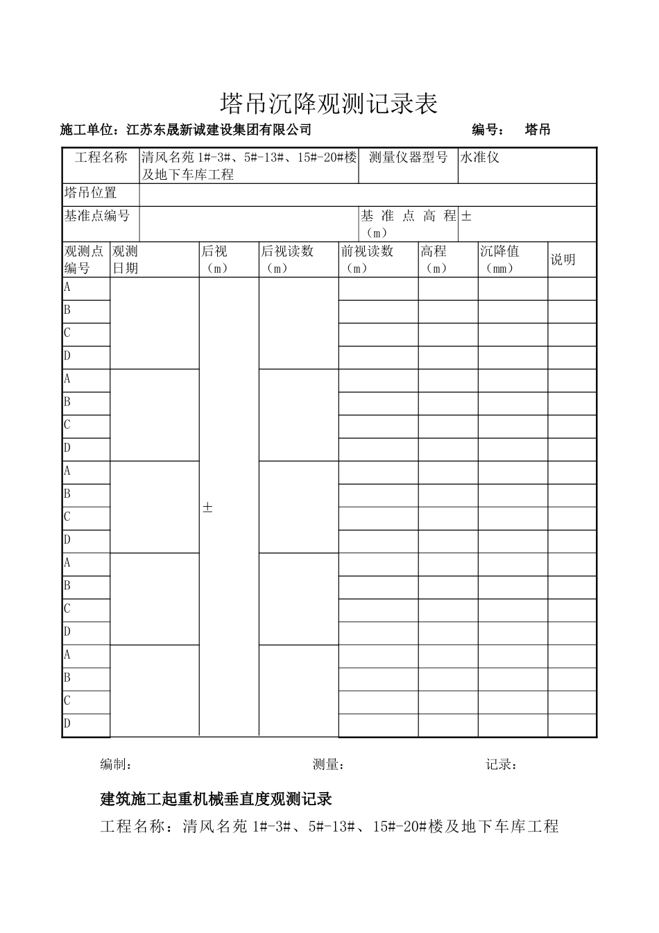塔吊沉降观测记录表_第1页