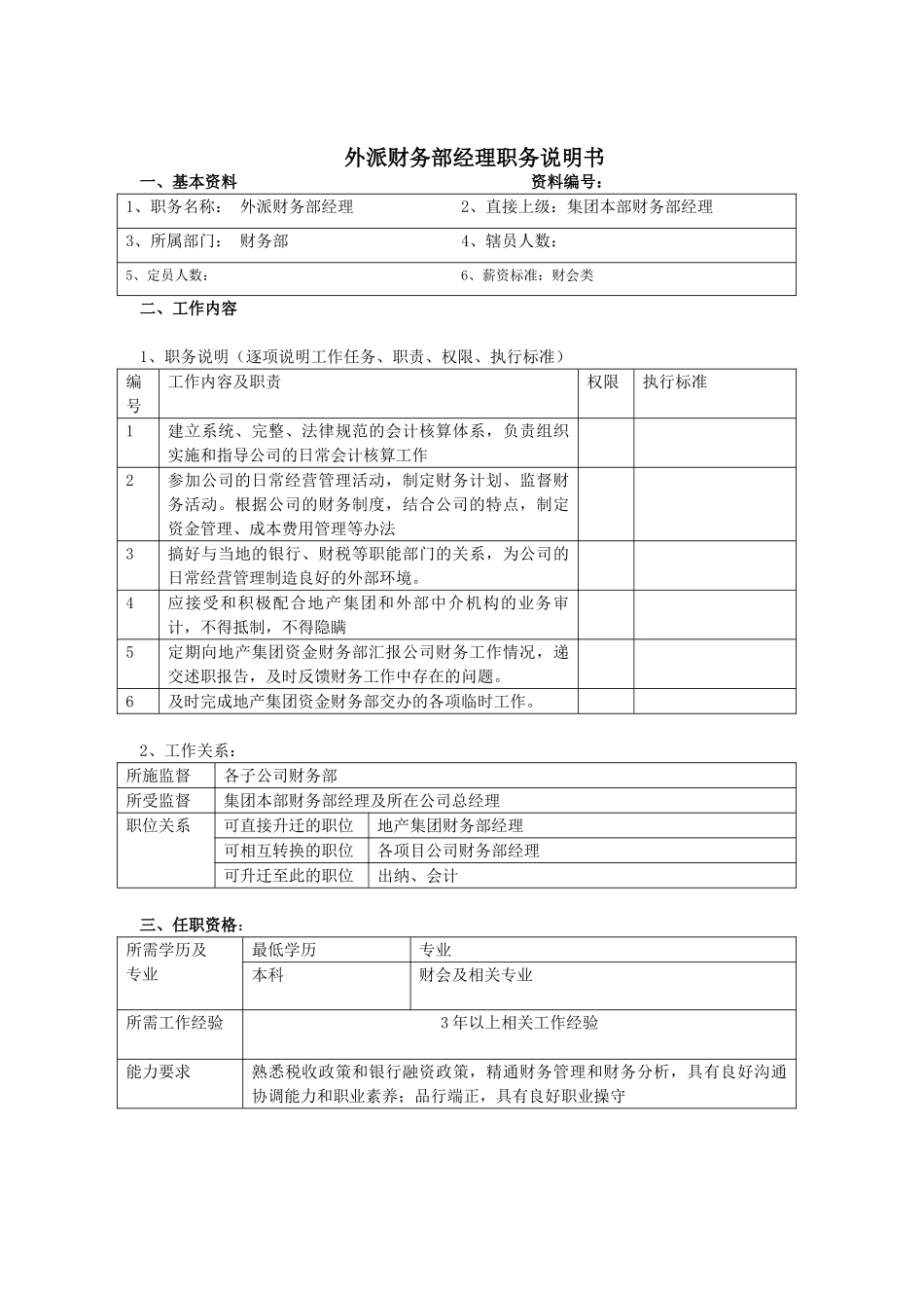 外派财务部经理岗位说明书_第1页