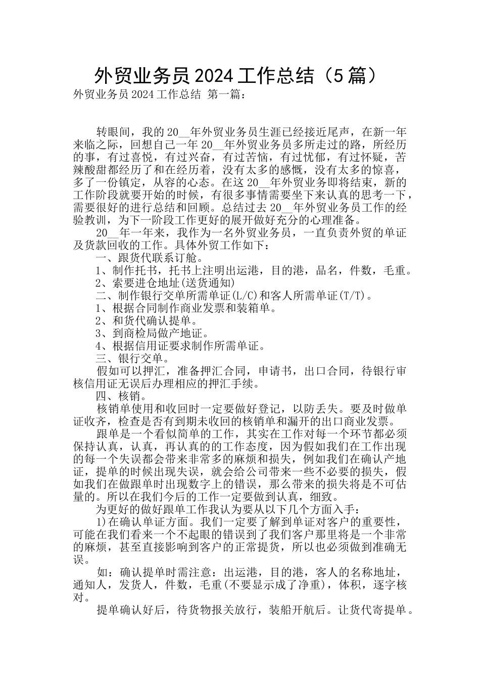 外贸业务员2024工作总结_第1页